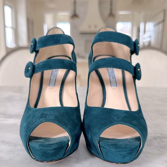 Prada suede teal double strap shoe 37 - Picture 10 of 14